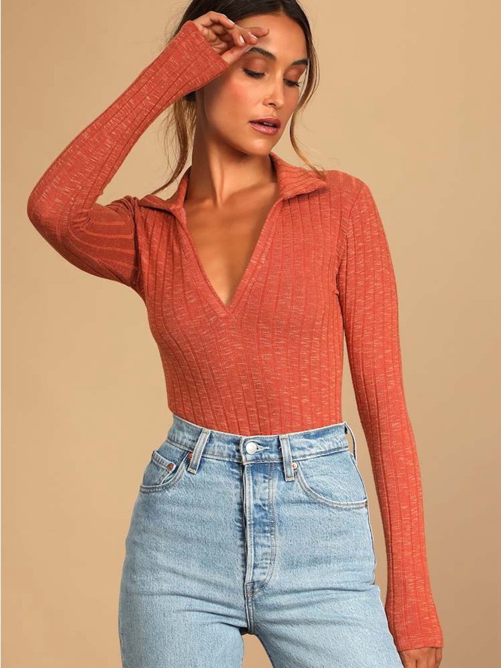 Lulu's Rust Ribbed V-Neck Long Sleeve Bodysuit